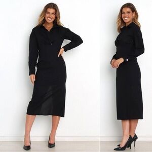 Petal & Pup NEW Monrow Black Preppy Long Sleeve Linen Midi Shirt Dress Size 4